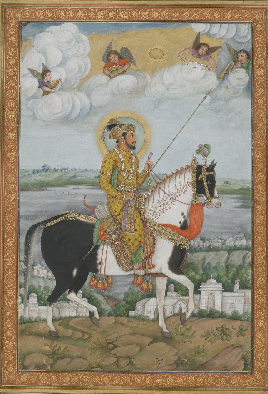 Portret jeździecki cesarza Szahdżahana z albumu Kevorkian (nieprzezroczysta akwarela i złoto na papierze) autorstwa Indian School