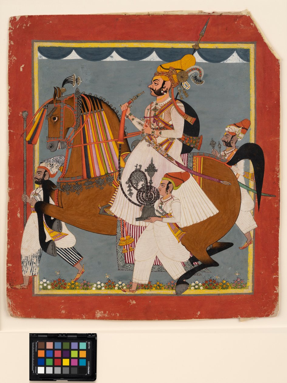 Konny Raja Bhim Singh z fajką wodną i służącymi, ok. 1820 (nieprzezroczyste w/c, złoto i srebro na papierze) autorstwa Indian School