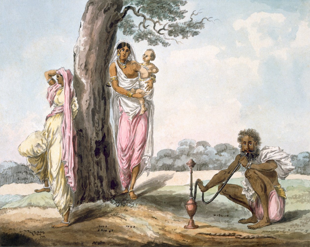 Rodzina: mężczyzna palący fajkę wodną i dziewczyna uprawiająca jogę, ok. 1850 r. autorstwa Indian School