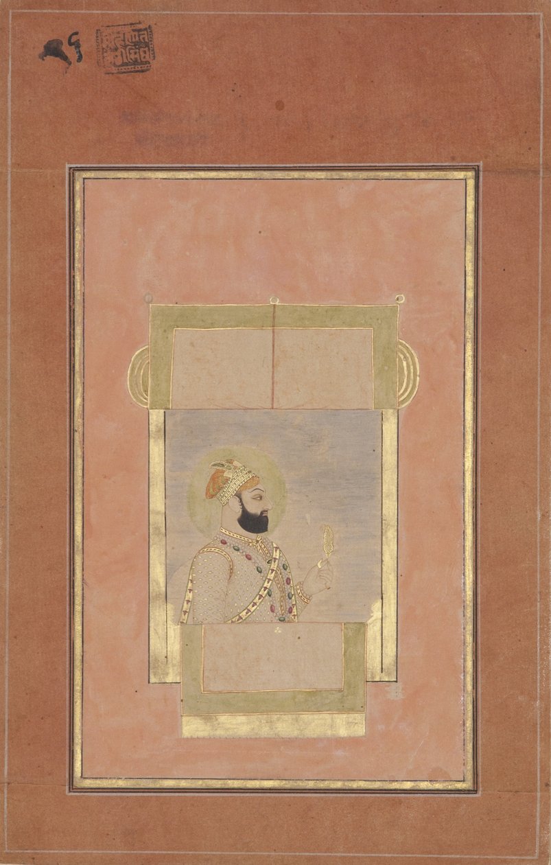 Farrukh Siyyar siedzący przy oknie, trzymający złoty sarpech, ok. 1715 (nieprzezroczysta toaleta i złoto na papierze) autorstwa Indian School