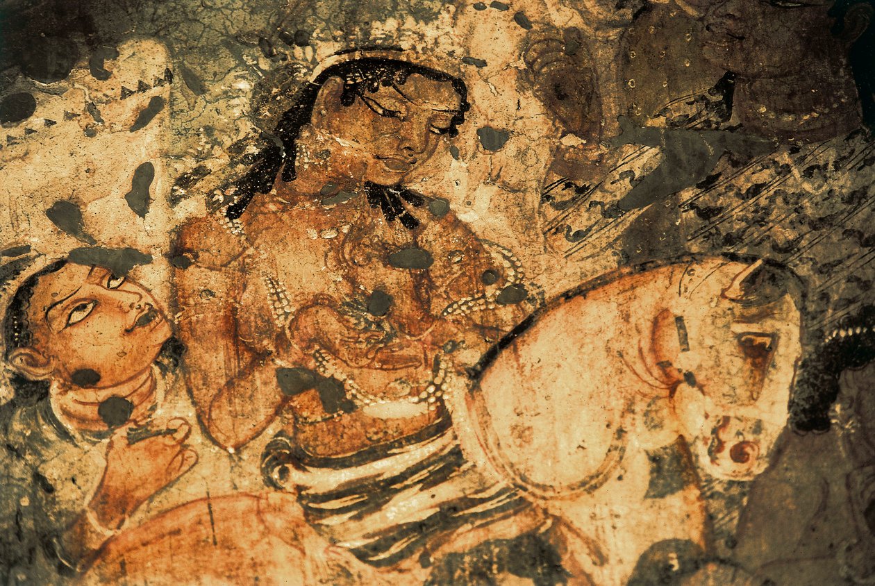 Postać kobiety na grzbiecie konia, Malowidło ścienne w jaskiniach Ajanta (numer 1), okres Gupty, V-VI w. (obraz) autorstwa Indian School