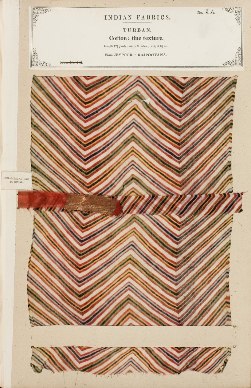 Próbka delikatnego bawełnianego turbanu z Jeypoor w Rajpootanie, z The Collection of the Textile Manufacturers of India, Johna Forbesa Watsona, opublikowana w 1866 roku autorstwa Indian School
