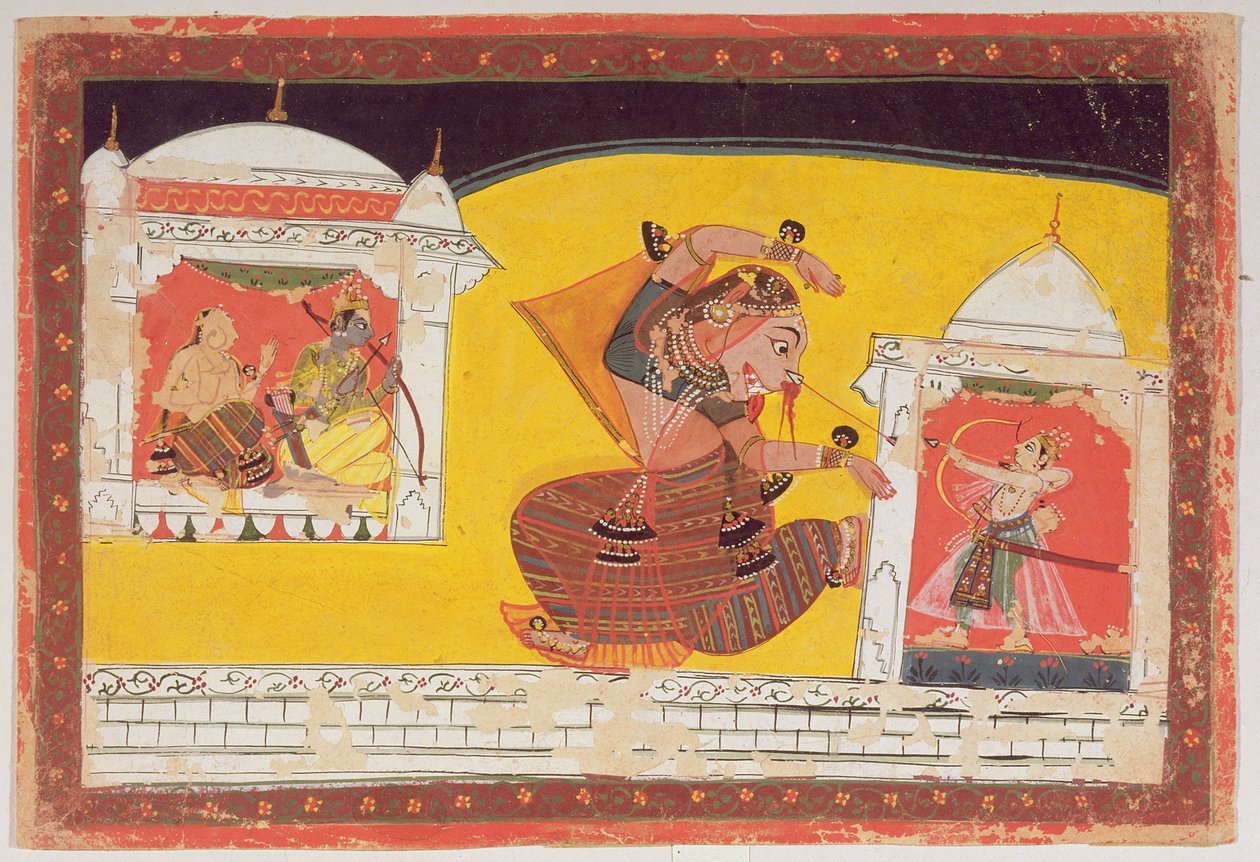 Folio 27 Laksmama przecina nos Surpanakhy, z Ramajany, wpisanej na odwrocie w Devanagari, Malwa, Szkoła Radźputów, koniec XVII wieku autorstwa Indian School
