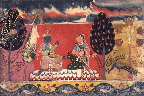 Folio 3. Radha i Krishna, ze szkoły „Gita Govinda”, Mewar, Radźput School autorstwa Indian School