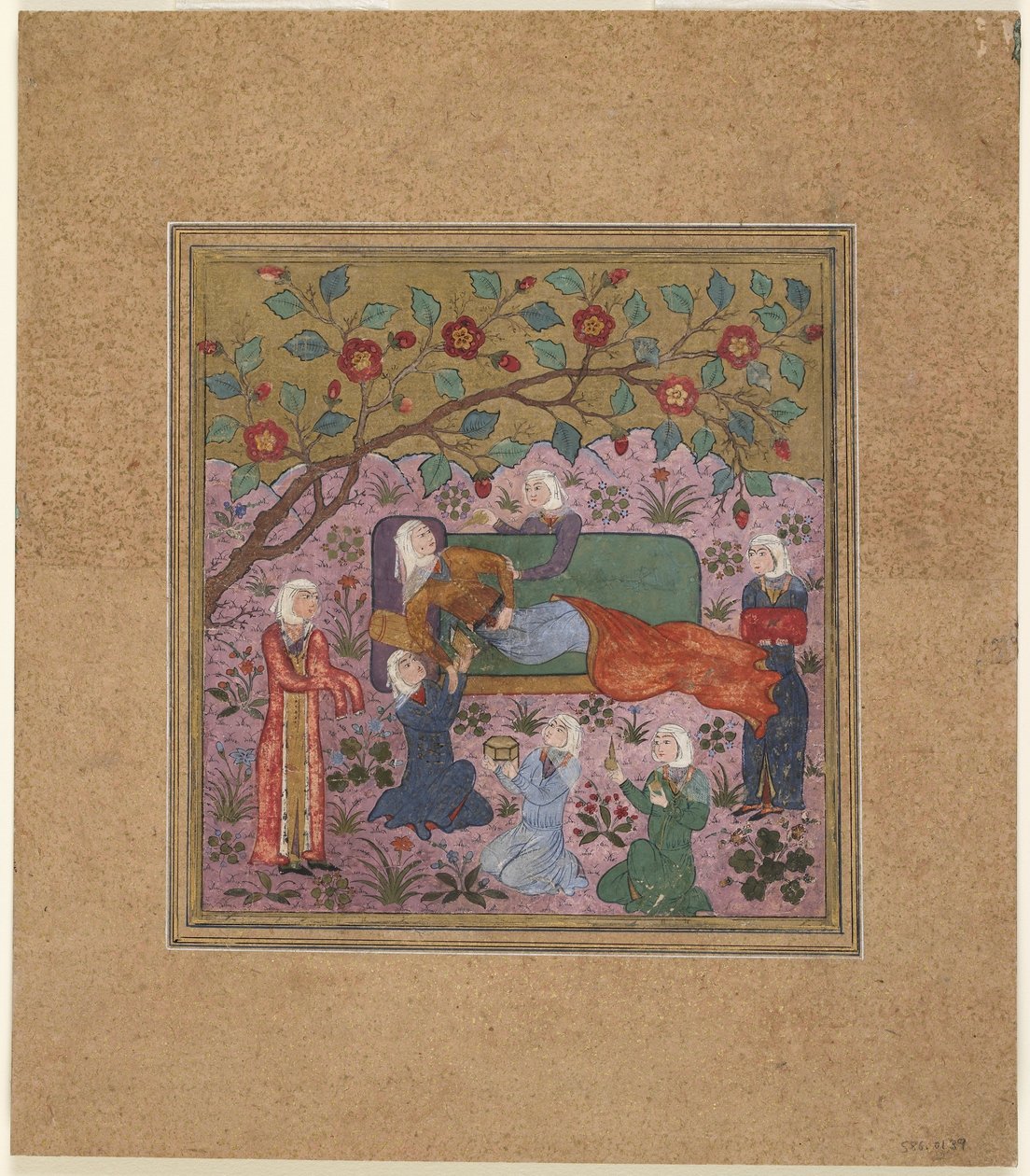 Folio z Shahnama (Księgi Królów) Firdawsiego (zm. 1020); Leżąca kobieta w otoczeniu pomocników (nieprzezroczysta akwarela, tusz i złoto na papierze) autorstwa Indian School