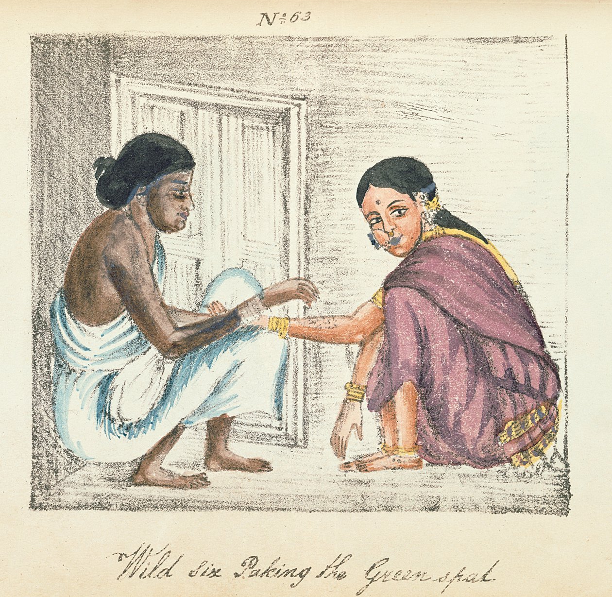 Fortune Teller i kobieta, z „Przeglądu różnych kast Indii”, autorstwa Venkata Ramasvani, opublikowany Madras 1837 (kolor lito) autorstwa Indian School