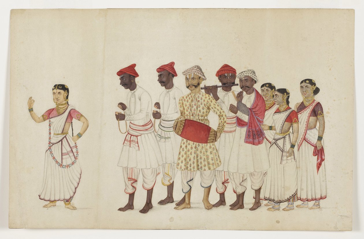 Cztery tancerki w procesji z muzykami, ok. 1830 (toaleta nieprzezroczysta i złoto na papierze) autorstwa Indian School