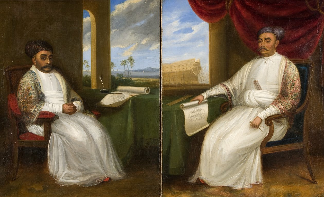 Pełnowymiarowy portret mistrza stoczniowego Parsi Jamsetjee Bomanjee i jego syna Nourojee Jamsetsee, 1830 autorstwa Indian School