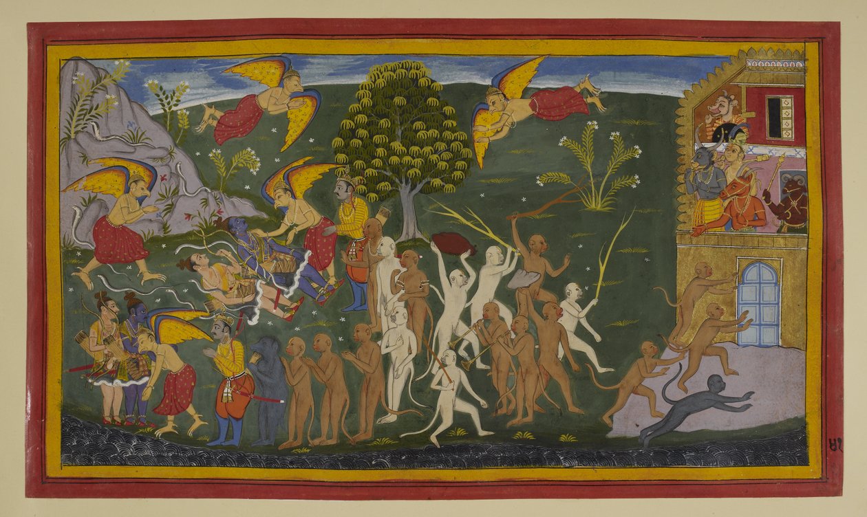 Garuṇa uwalnia i uzdrawia Rāmę i Lakṣmaṇa; małpy szarżują na Laṅkā w triumfie. autorstwa Indian School