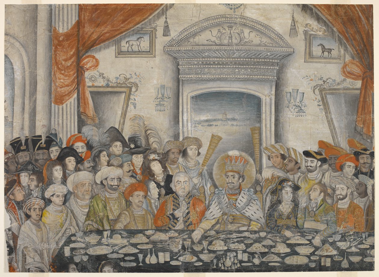 Ghazi-al-din Haidar (Nawab, a po 1819 r. król Oudh 1814-27) przyjmujący Lorda i Lady Moira na bankiecie w swoim pałacu, ok. 1820-22 r. (rękopis) autorstwa Indian School