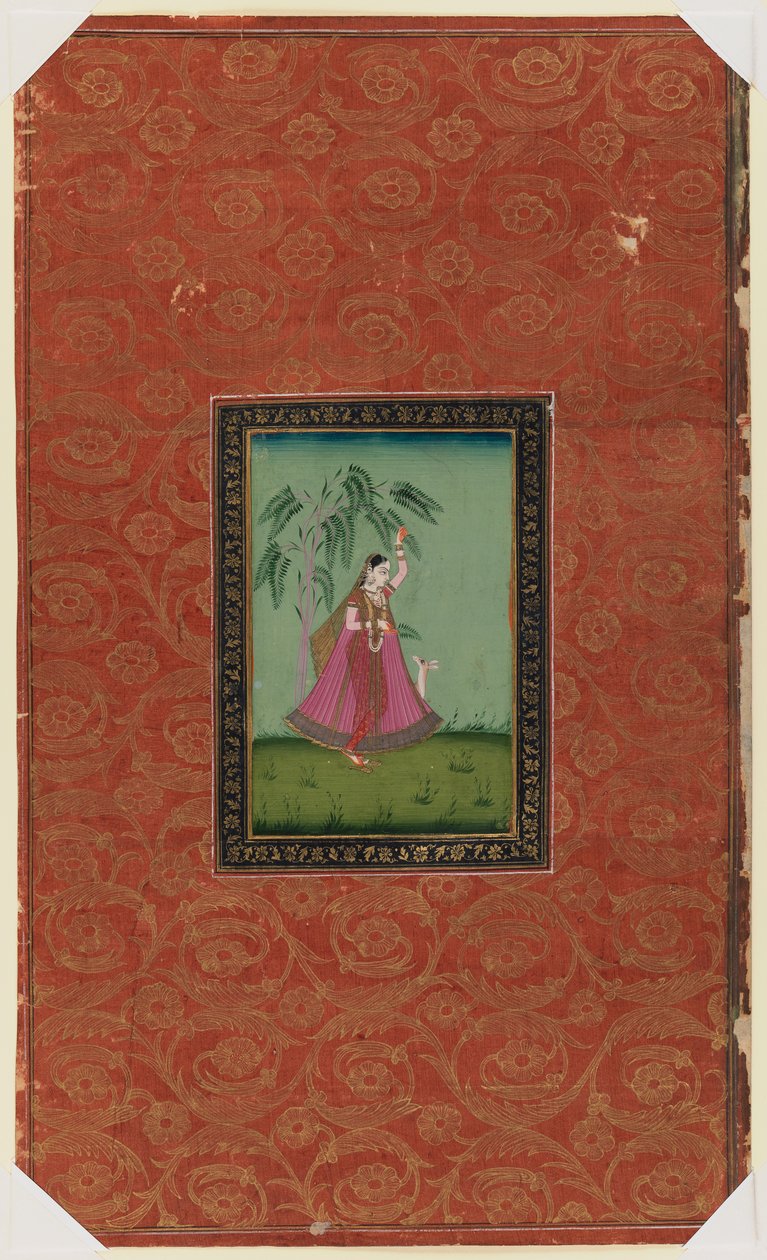Dziewczyna z jeleniem, 1875-1900 (nieprzezroczyste wc i złoto na papierze) autorstwa Indian School