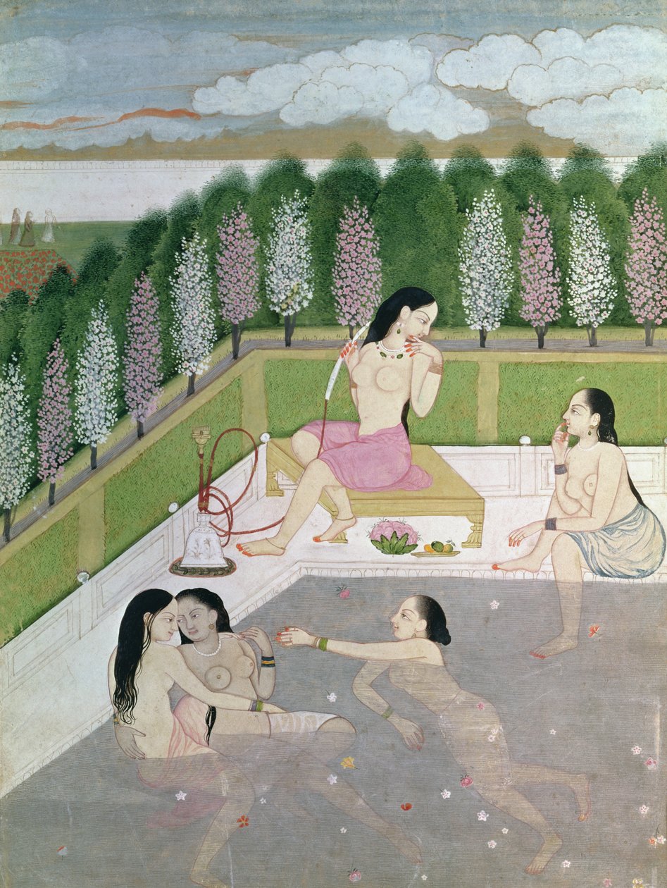 Kąpiel dziewcząt, styl Pahari, Szkoła Kangra, Himachal Pradesh, XVIII w. autorstwa Indian School
