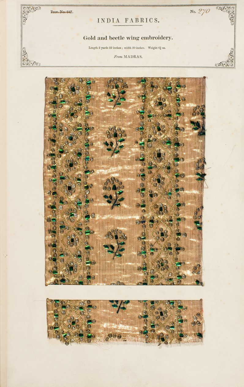 Próbka haftu złotego i skrzydła chrząszcza z Madrasu, z „The Collection of the Textile Manufacturers of India”, Johna Forbesa Watsona, opublikowana w 1866 r. (media mieszane) autorstwa Indian School