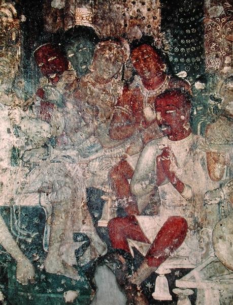 Grupa figur, z wnętrza Jaskini 16 (fresk) autorstwa Indian School