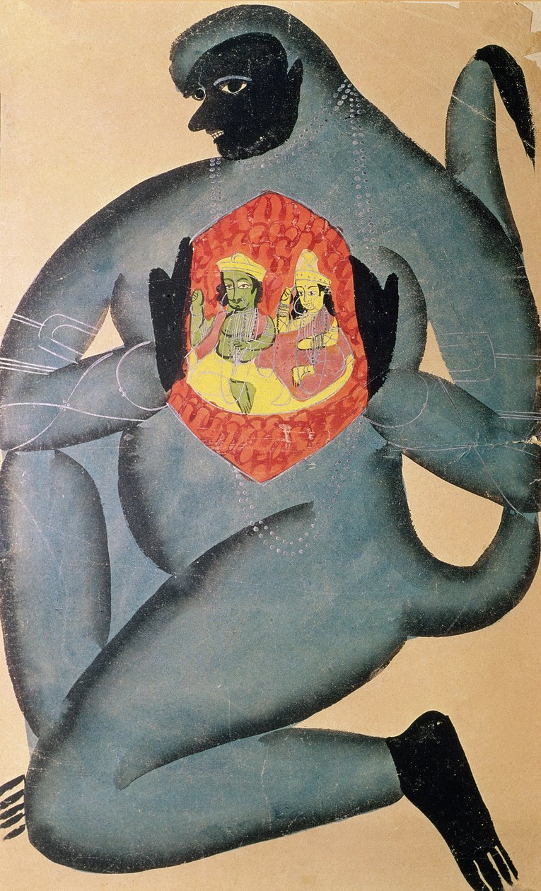Hanuman ukazujący Ramę i Sitę zapisaną w jego sercu, namalowany przez członka kasty Patua, 1880 autorstwa Indian School