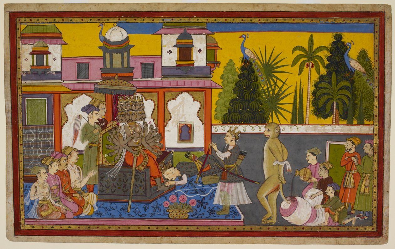 Hanumān zostaje schwytany przez Rāvaṇa, upokorzony, ale ucieka i podpala miasto swoim płonącym ogonem. 1653 (miniatura) autorstwa Indian School