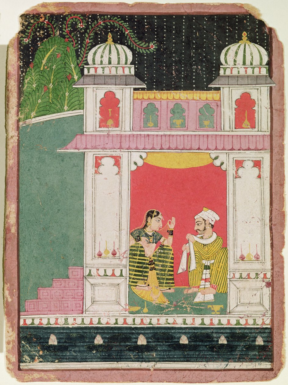 Bohaterka i jej kochanek w pawilonie, ok. 1640-50 (atrament i toaleta na papierze) autorstwa Indian School