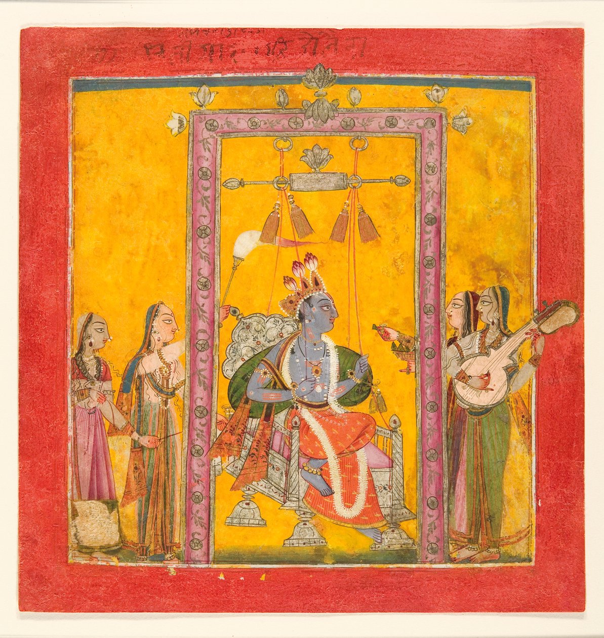 Hindola Raga, ok. 1700 (nieprzezroczysta toaleta, srebro i złoto na papierze) autorstwa Indian School