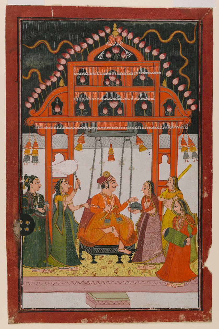 Hindola Raga, strona z rozproszonej serii Ragamala, ok. 1830 (wc i farby metaliczne na papierze) autorstwa Indian School