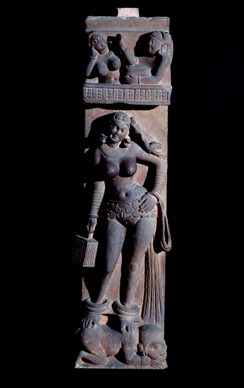 Hinduizm: przedstawienie ducha natury Yakshini (Yaksi), trzymająca klatkę i papugę, stoi na karze - (Yaksi z papugą i klatką, stoi na karze) Rzeźba Mathury, gres (rzeźba Mathura , piaskowiec) II w. (II w.) autorstwa Indian School