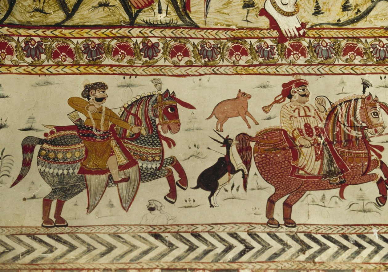 Scena polowania, świątynia Laxminarayan, Orchha, Madhya Pradesh, Indie (fresk) autorstwa Indian School