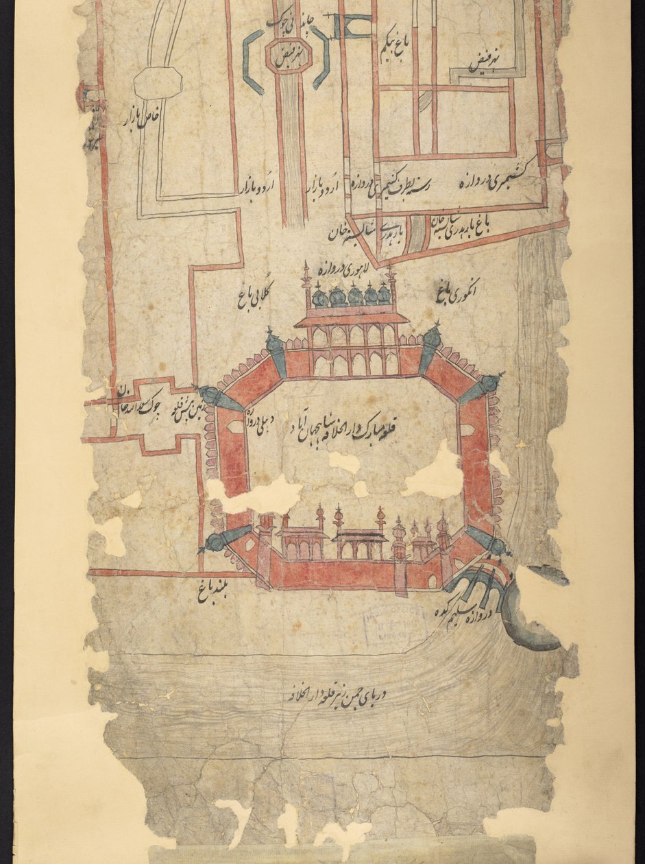 IO Islamski 4725 Fort Delhi i obszar na północy, fragment ze zwoju przedstawiający „Drogę z Delhi do Kandaharu” (tusz i kolor na papierze) autorstwa Indian School