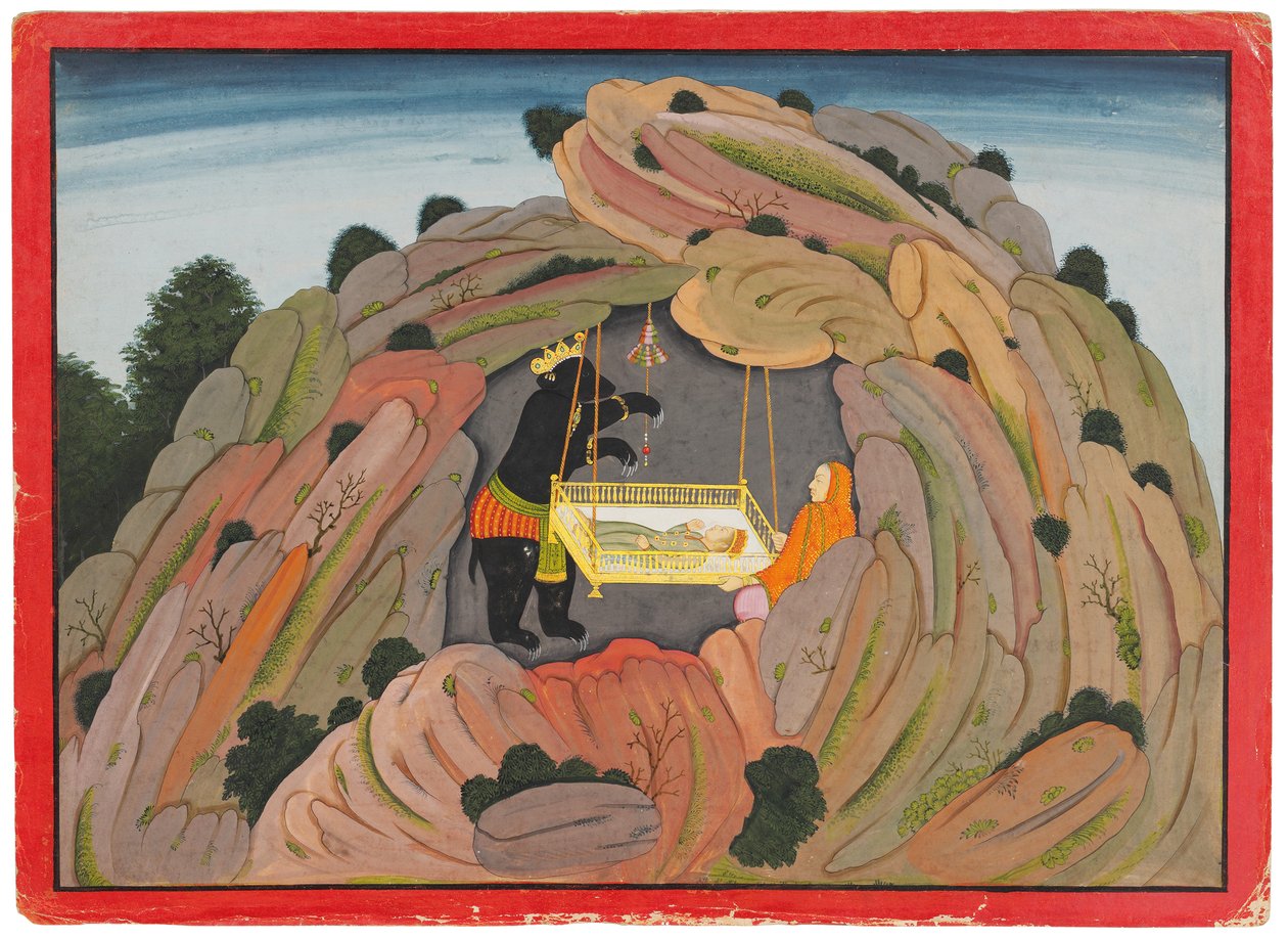 Ilustracja do Bhagavata Purany: Jambavan daje swojej córce klejnot Symantaki, ok. 1760-65 autorstwa Indian School