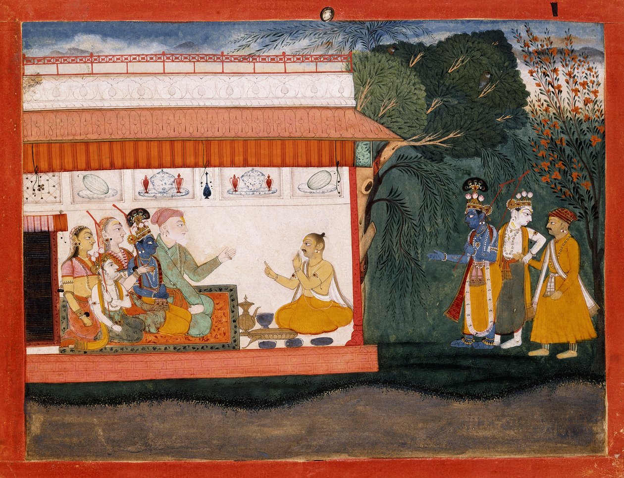 Ilustracja do Bhagavata Purany przedstawiająca Balarama biorącego Akrurę za rękę ze swoim młodszym bratem Kriszną, ok. 1700 r. autorstwa Indian School