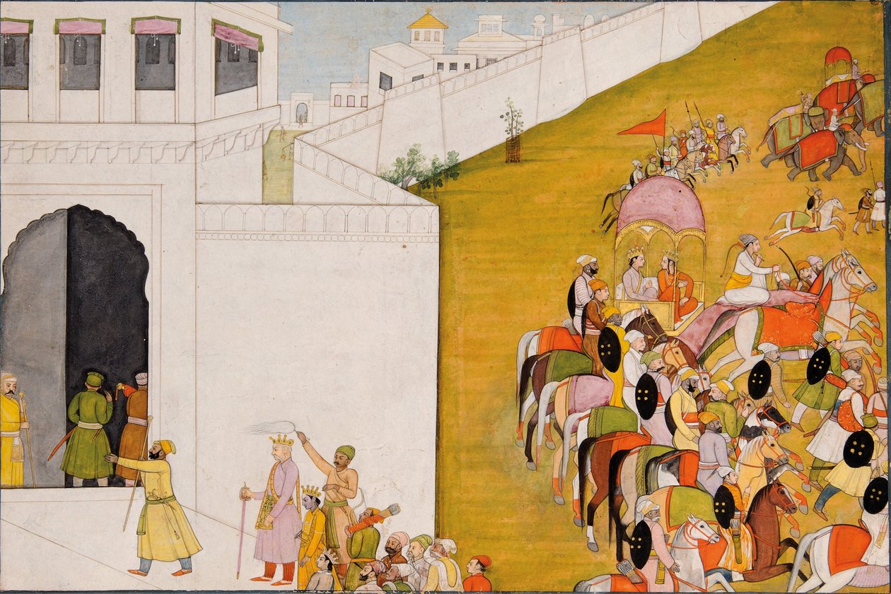 Ilustracja do Ramajany: Rama wchodzi do Mithili, aby wziąć udział w konkursie łuczniczym, ok. 1775-80 autorstwa Indian School