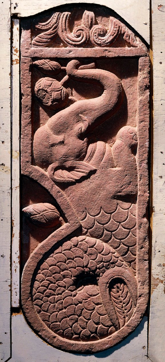 Sztuka indyjska: „” Rybi ogon słonia”” Okres Kouchane (Kushan lub Kouchan) Z Sonkh, Mathura. I wne. Mathura, Muzeum Archeologiczne autorstwa Indian School