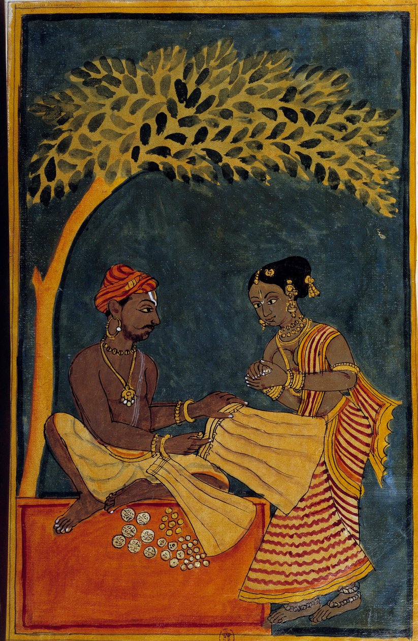 Sztuka indyjska: handlarz tkaninami. Akwarela około 1760 r. Paryż, B.N. autorstwa Indian School