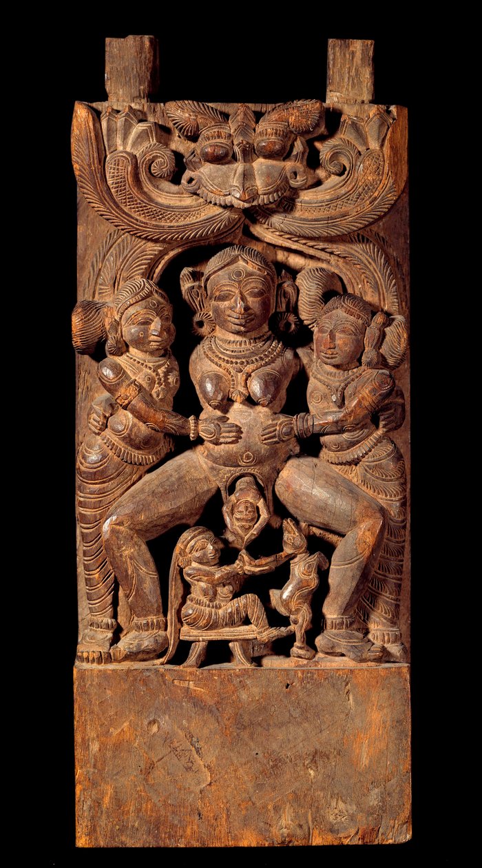 Sztuka indyjska: przedstawienie Mahamai, bogini matki, rodzącej. Płaskorzeźba drewniana z XVIII wieku Kolekcja prywatna autorstwa Indian School