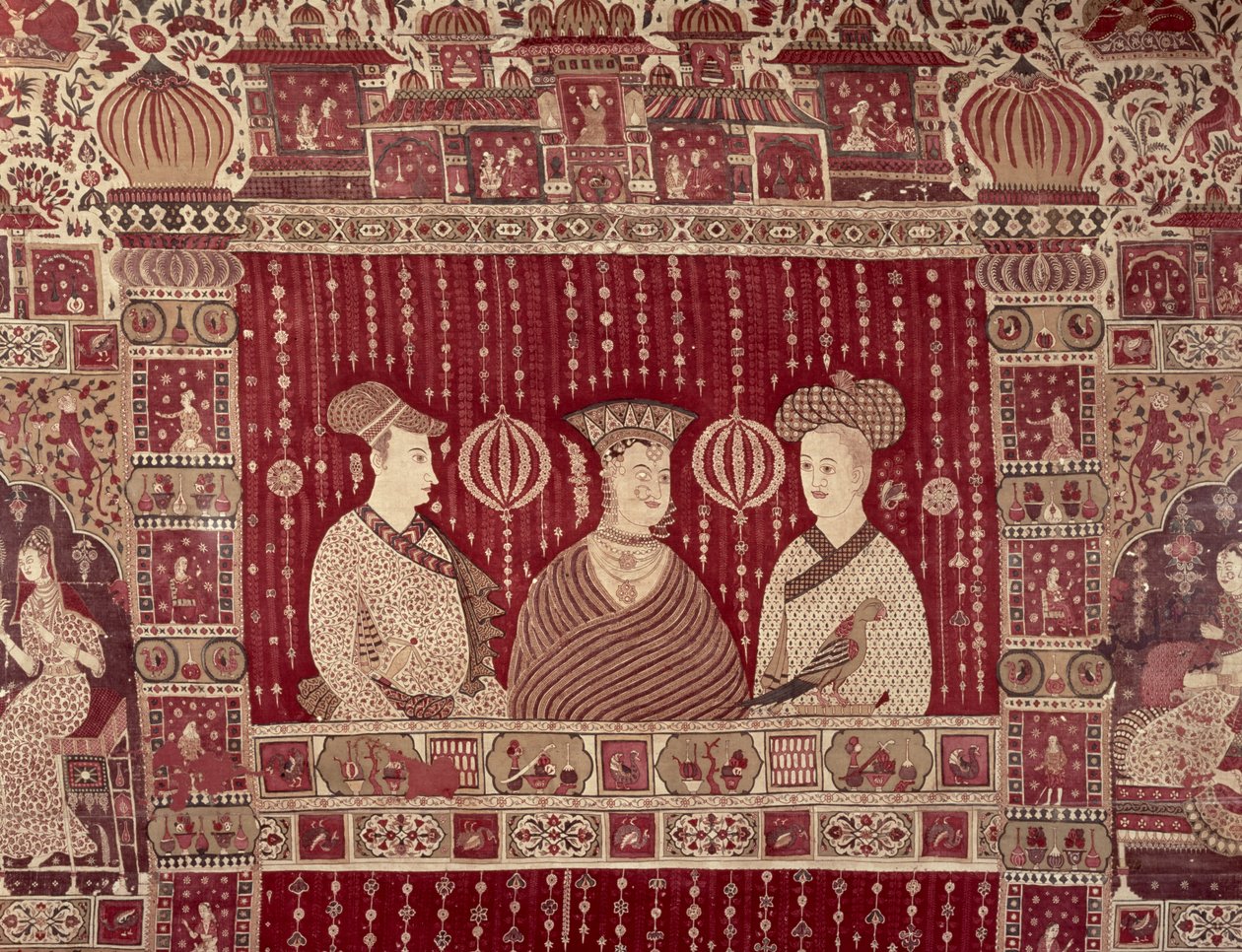 Hinduska z europejskimi kupcami, region Madras, Ahmedabad (bawełna malowana) autorstwa Indian School