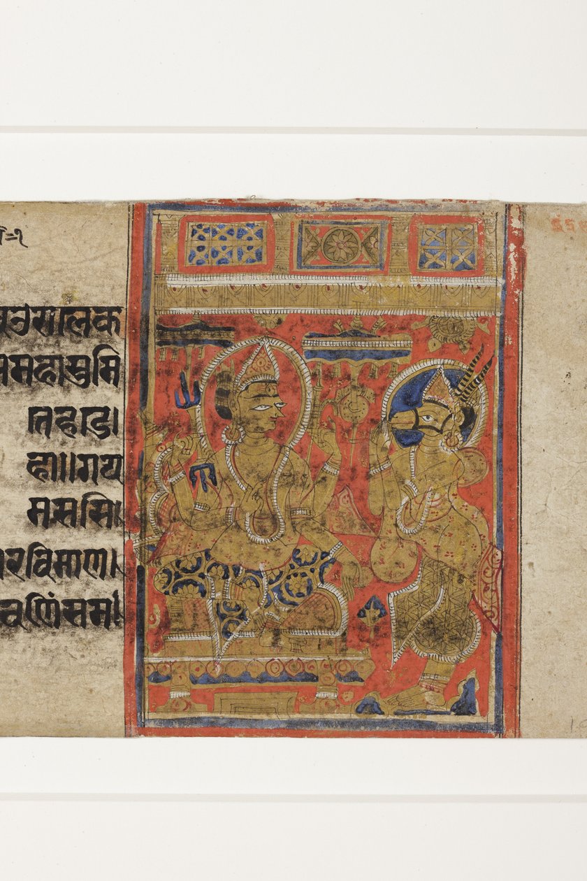 Indra nakazuje Hanjhaigansesinowi przeniesienie embrionu z Kalpasutry (nieprzezroczysta toaleta i złoto na papierze) autorstwa Indian School
