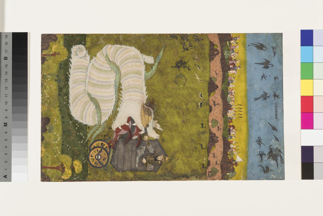 Isfandiyar atakuje smoka, ok. 1760 (nieprzezroczysta toaleta i złoto na papierze) autorstwa Indian School