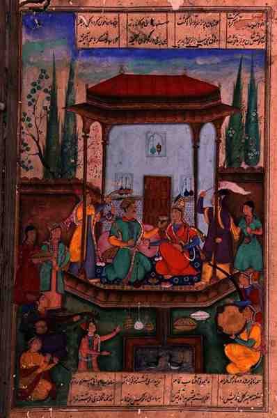 Iskandar Intronizowany, folio 88a, z „Zwierciadła Aleksandra”, napisane przez Amira Khusrau Dihlavi (1253-1325) na podstawie opowiadania z Khamsa (Quw]tet) Nizamiego, Mogołów autorstwa Indian School