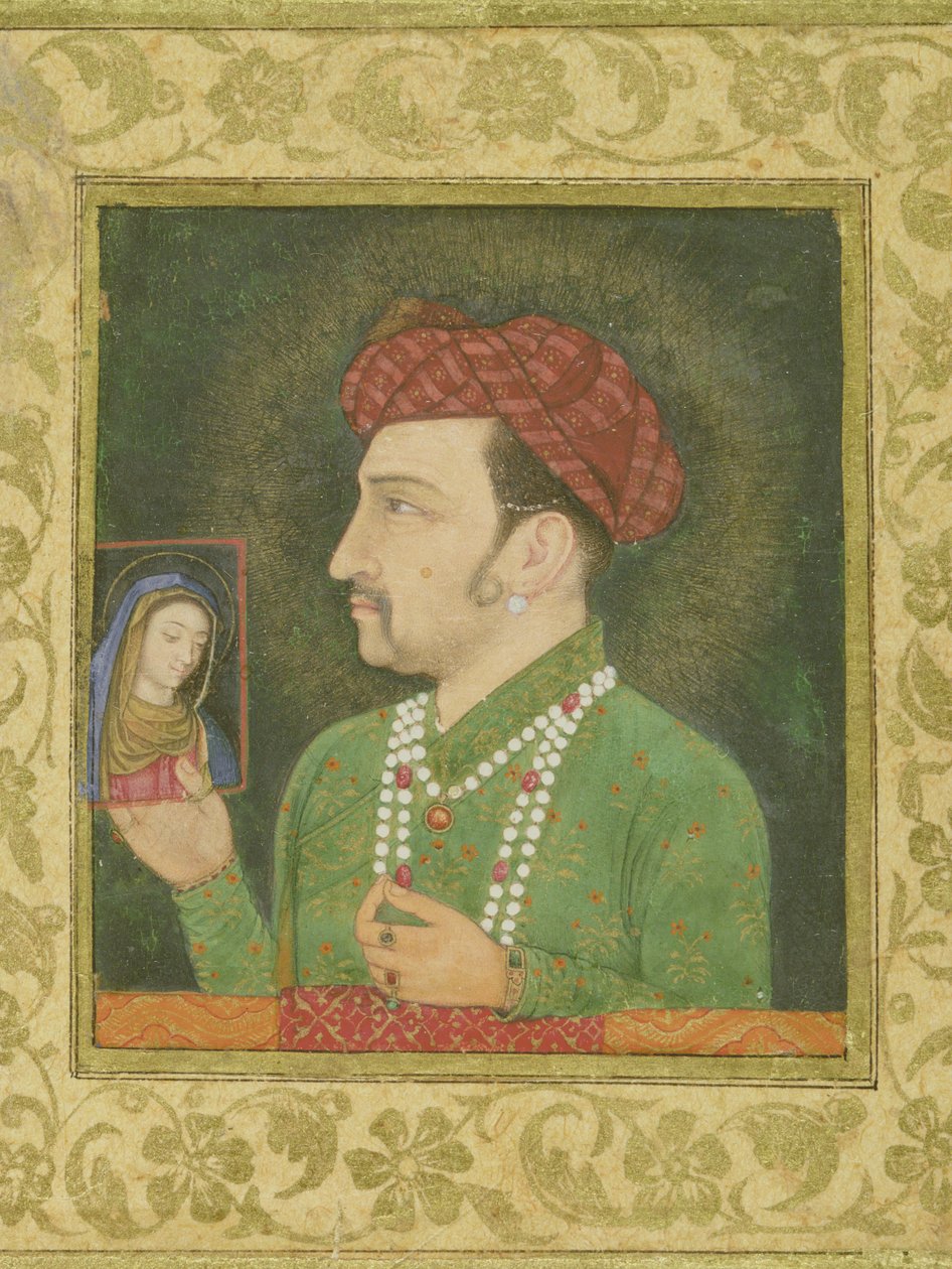 Dżahangir trzymający obraz Madonny z inskrypcją w języku perskim: Janhangir Shah, Mughal autorstwa Indian School