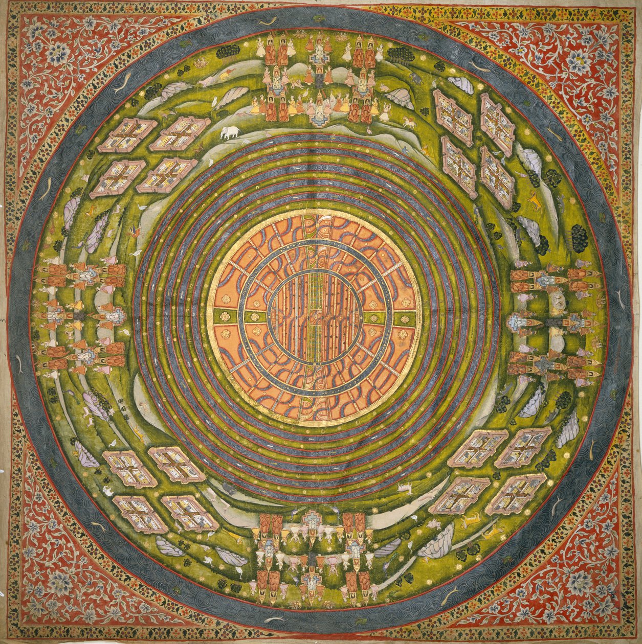 Dżinowski diagram wszechświata (Jambudvipa) (gwasz na bawełnianej tkaninie) autorstwa Indian School