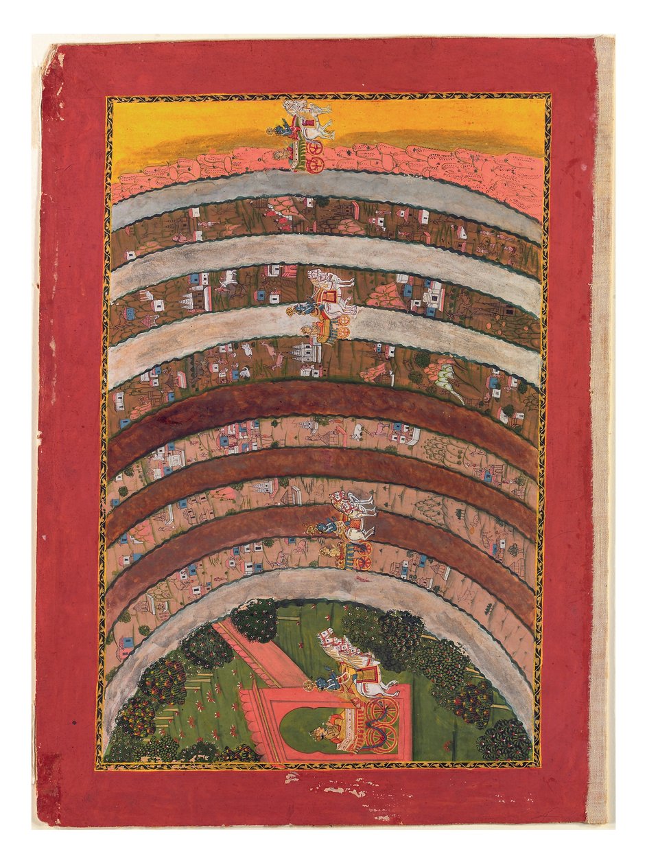 Podróż przez nieznane ziemie, z Podróży Kryszny w jego rydwanie, ok. 1750 (nieprzezroczysta toaleta, złoto i srebro na papierze) autorstwa Indian School