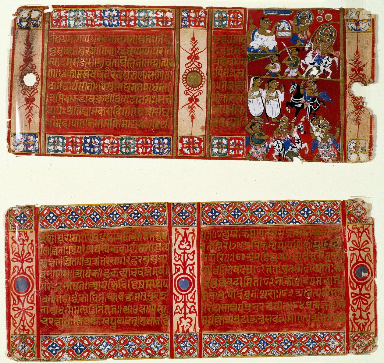 Kalaka zostaje dżinistycznym mnichem; Kalaka uprowadza zakonnicę, dwie karty z rozproszonego dżinistycznego rękopisu Kalakacharya-katha, Uttar Pradesh, ok. 1465 (wc i złoto na papierze) autorstwa Indian School