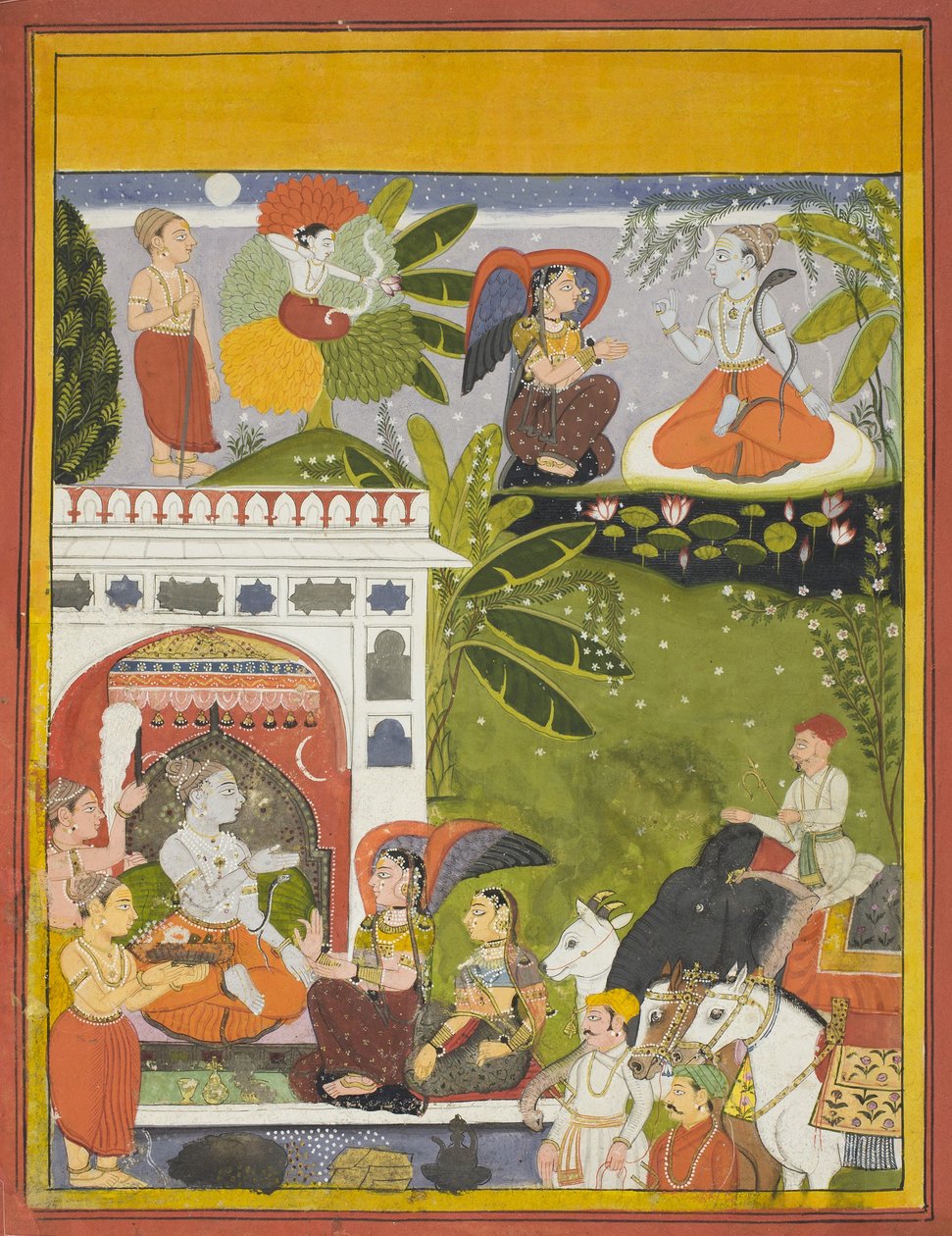Kama wystrzeliwuje miłosną strzałę w Śiwę, strona z kopii Gita-Gauri, Pieśń Gauri, c.1675-80 autorstwa Indian School