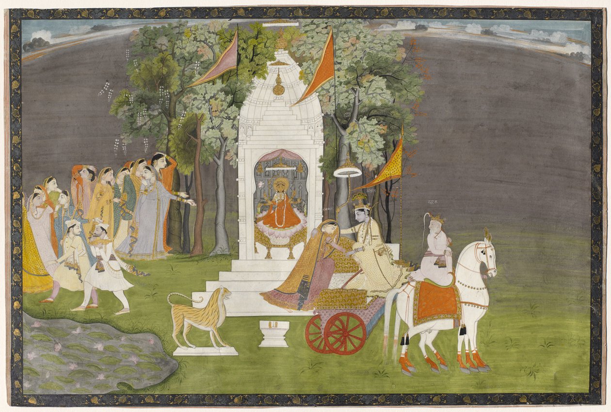 Krishna porywa Rukmani ze świątyni, ok. 1810 (gwasz ze złotem na papierze) autorstwa Indian School