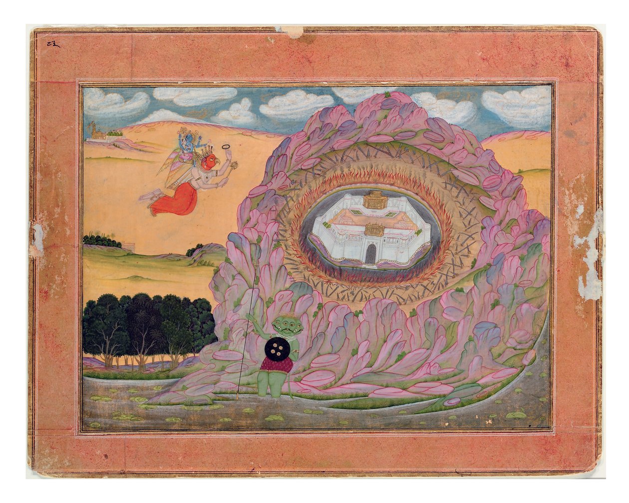 Krishna zbliża się do cytadeli Naraka, ok. 1710 (nieprzezroczysta toaleta i złoto na papierze) autorstwa Indian School