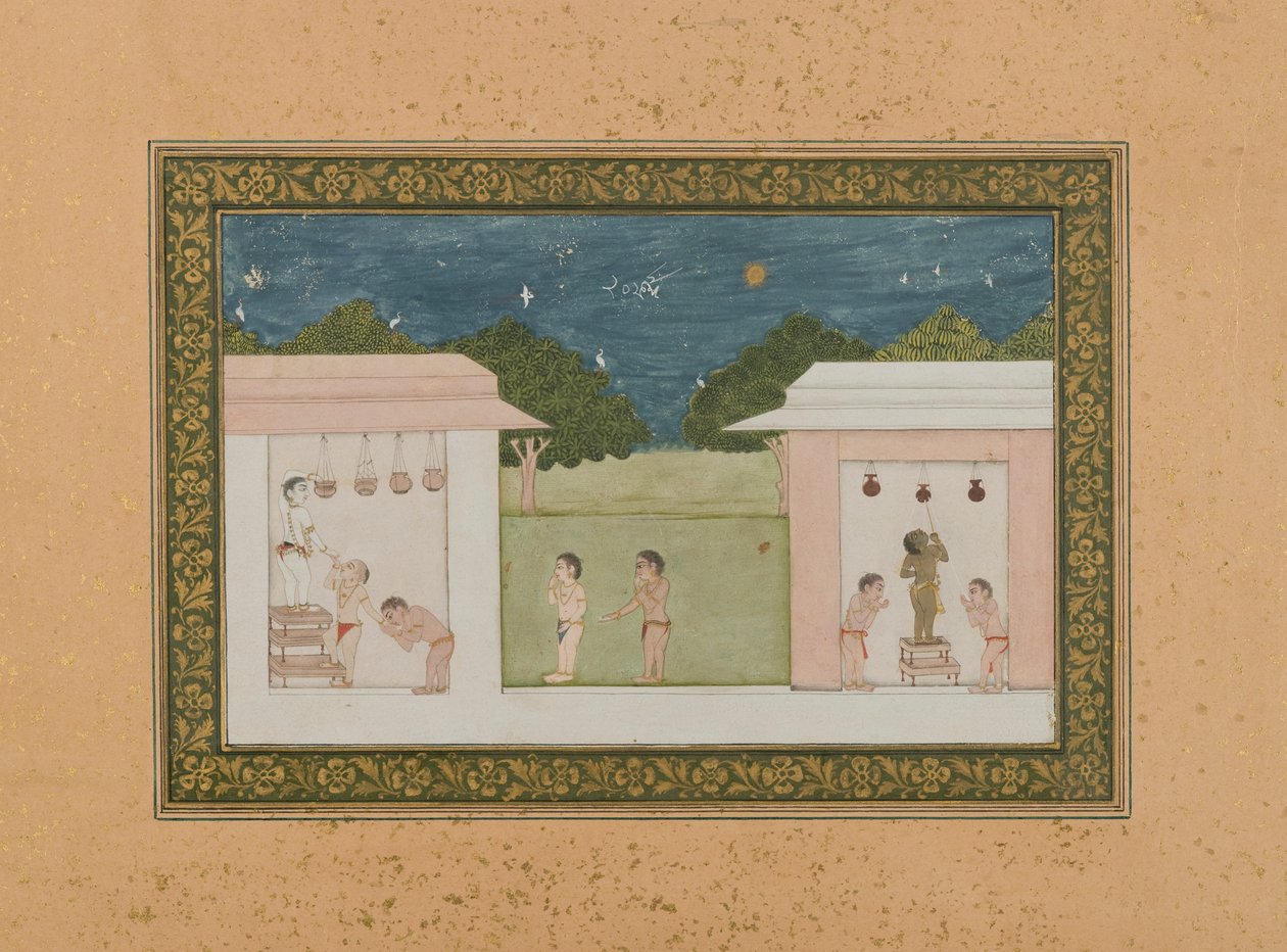 Krishna Stealing Curds, ok. 1775 (nieprzezroczysta toaleta i złoto na papierze) autorstwa Indian School