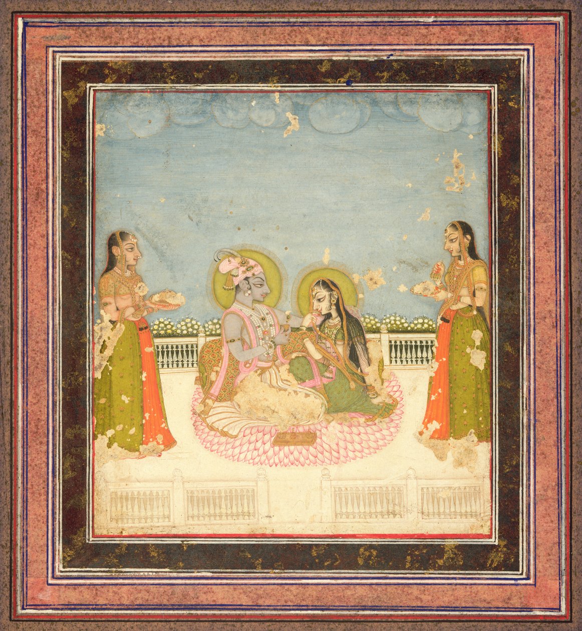 Kryszna i Radha siedzą na tarasie, ok. 1760-75 (toaleta, złoto i srebro na papierze) autorstwa Indian School