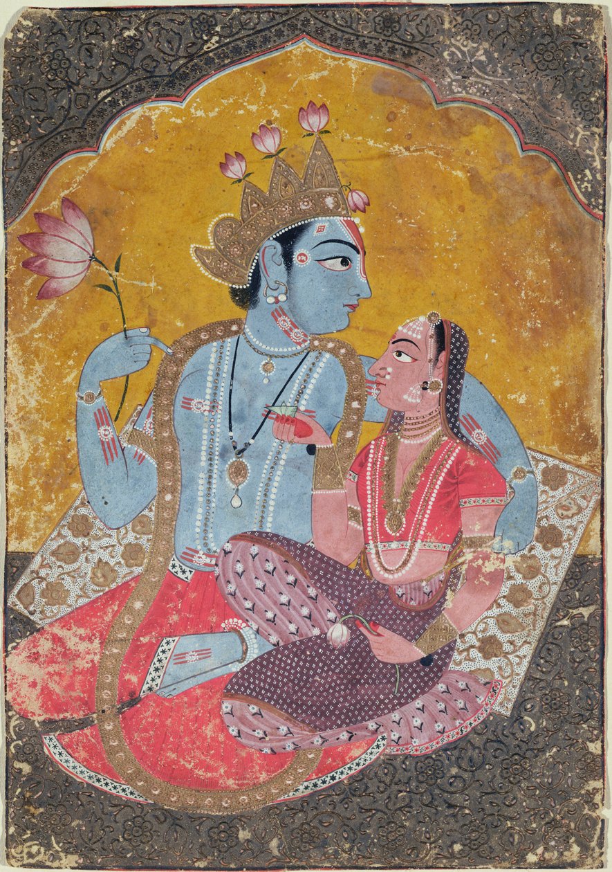 Krishna i Radha, ok. 1690-1700 (nieprzezroczyste wc z wytłoczonym złotem na papierze) autorstwa Indian School
