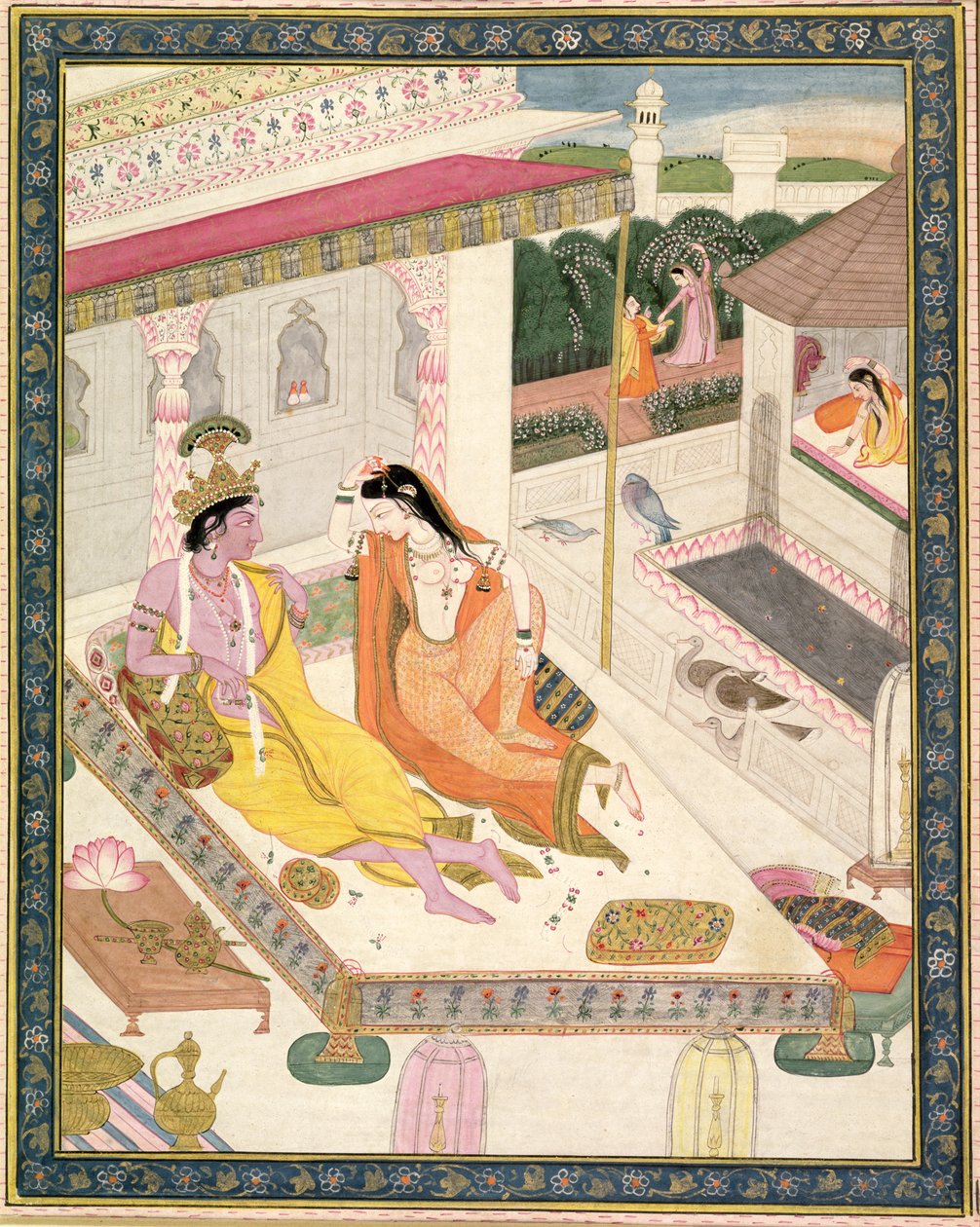 Kryszna i Radha na łóżku w pałacu Mogołów, Pendżab, ok. 1860 r. autorstwa Indian School