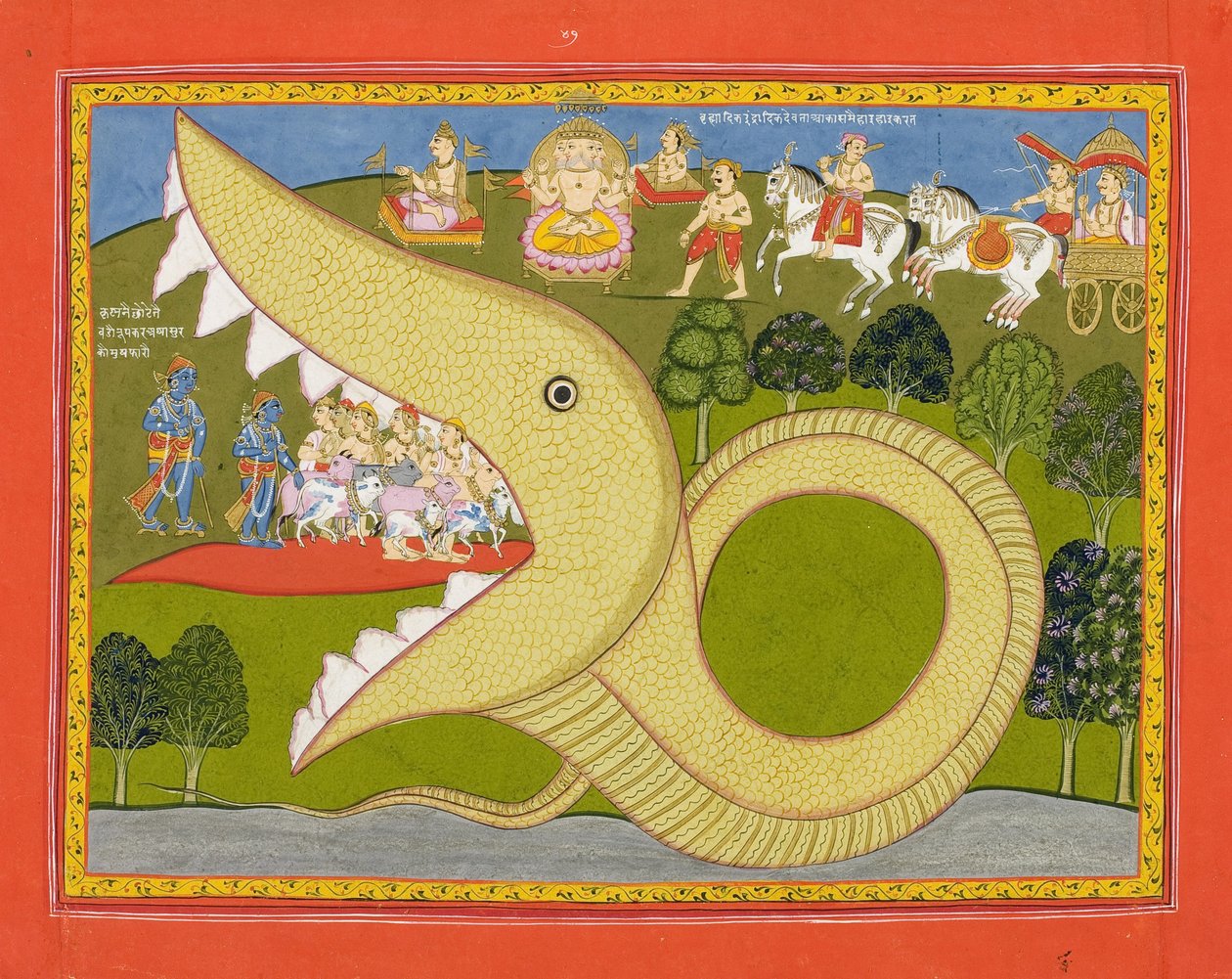Krishna i pasterze wchodzą do ust Agasuras, ok. 1800 (nieprzezroczysta toaleta i złoto na papierze) autorstwa Indian School