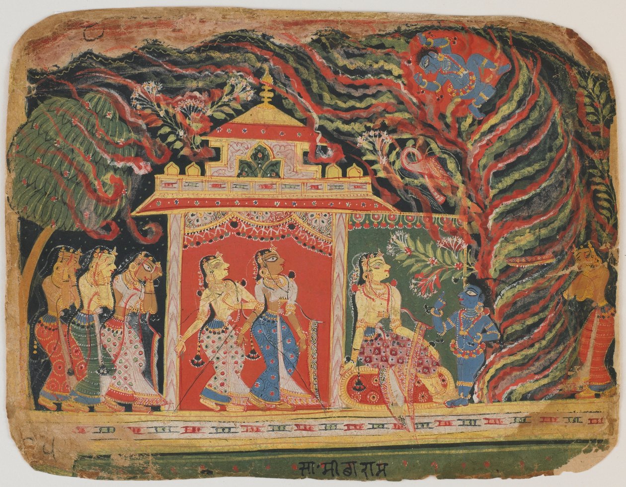 Kryszna porwany przez demona trąby powietrznej z Bhagavata Purany. c.1520-30 (nieprzezroczyste wc na papierze) autorstwa Indian School