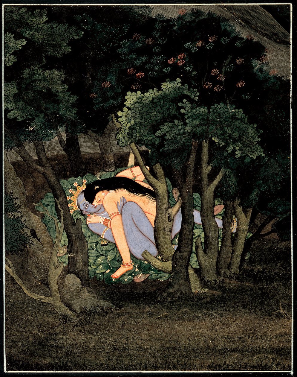 Krishna enlace par Radha (Krishna przytulony przez Radhę) - sztuka indyjska, gwasz na papierze, ok. 1775 autorstwa Indian School